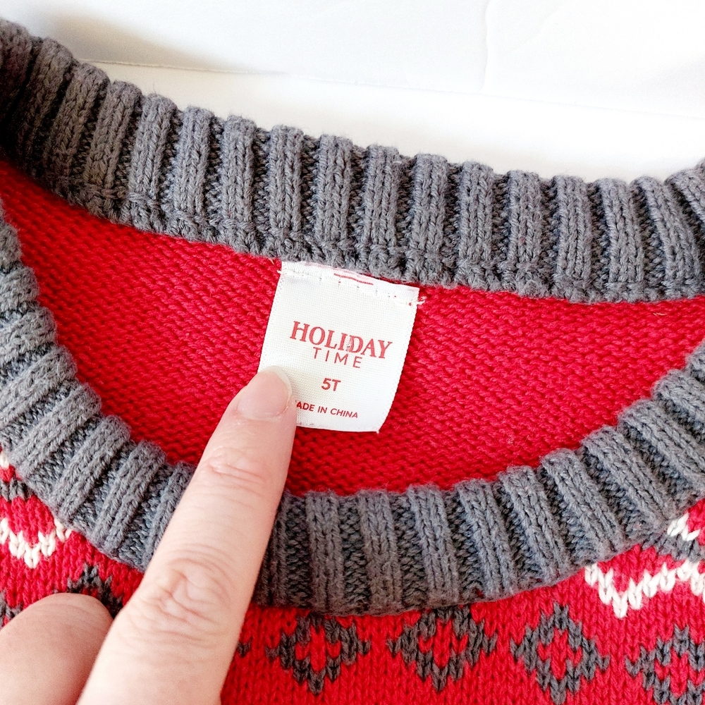 Festive Red & Gray Christmas Gnome Fairisle "Ugly" Sweater size 5T Holiday Time - Picture 4 of 5